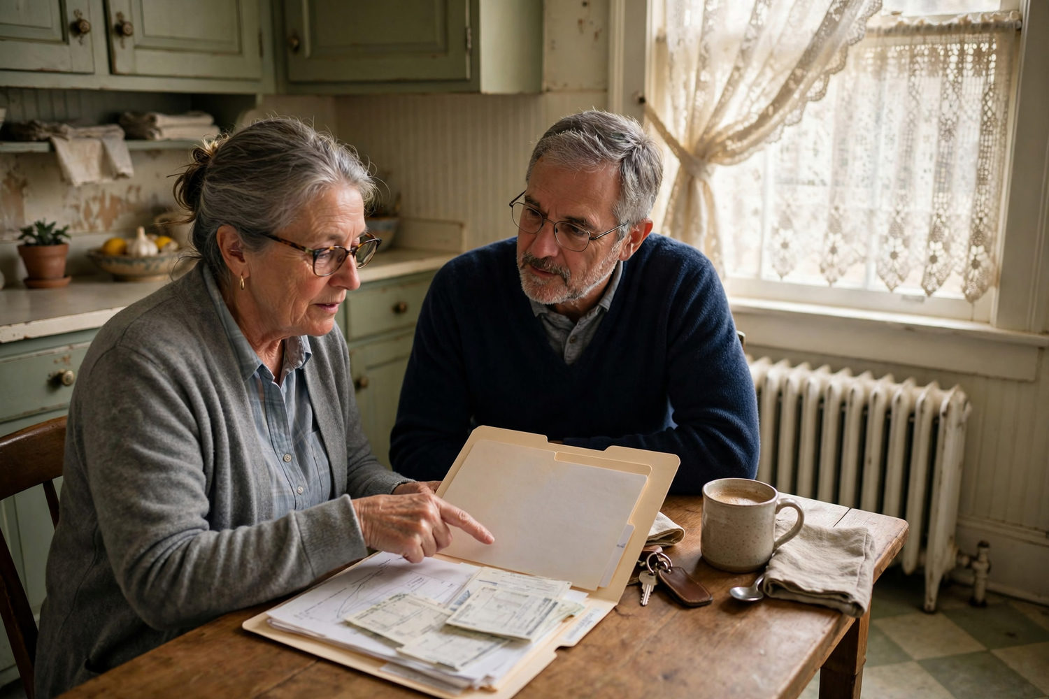Two homeowners going through a folder of household bills at their kitchen table