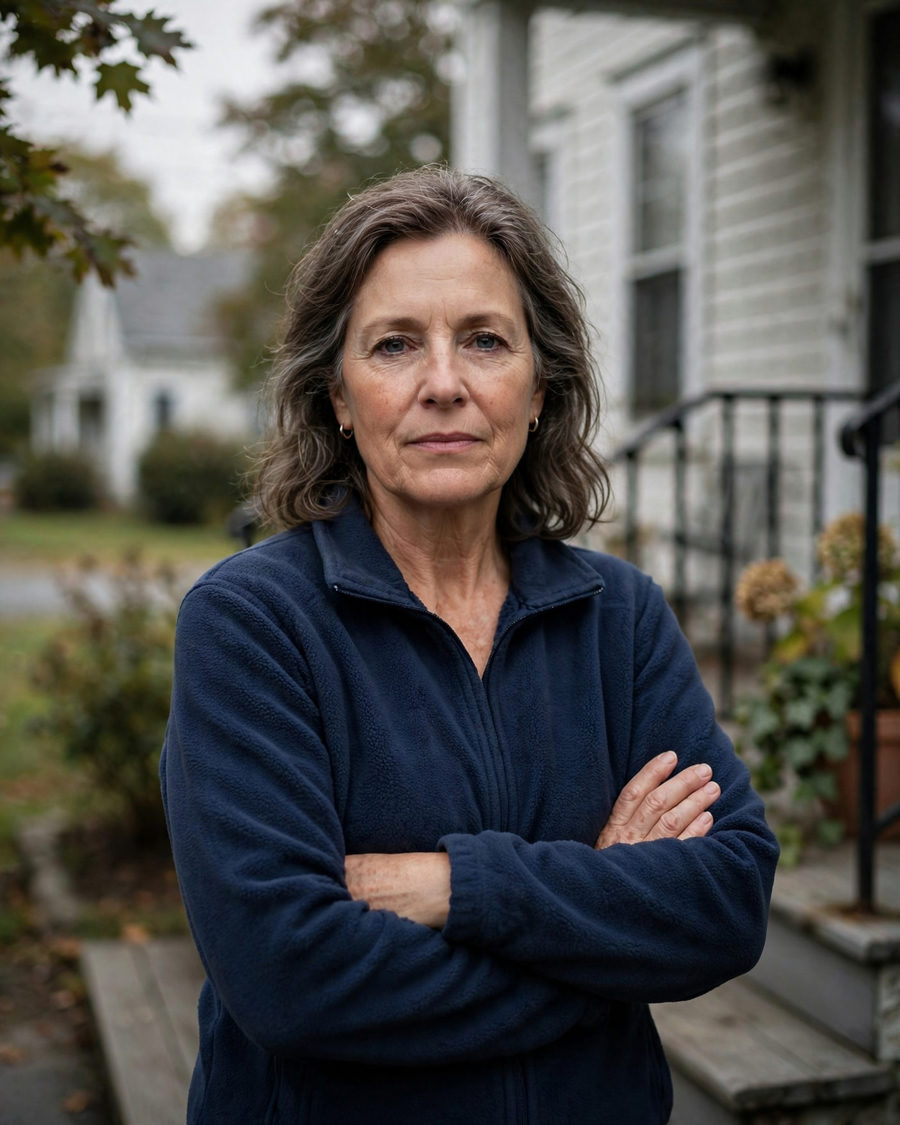 A homeowner standing in front of her house